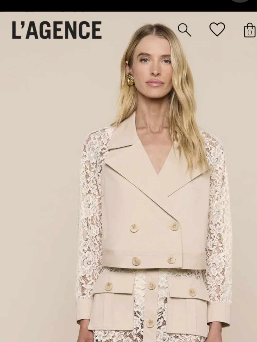 L'AGENCE Novelle Lace-Sleeve Cropped Trench Jacket Small Biscuit/Beige, Cream